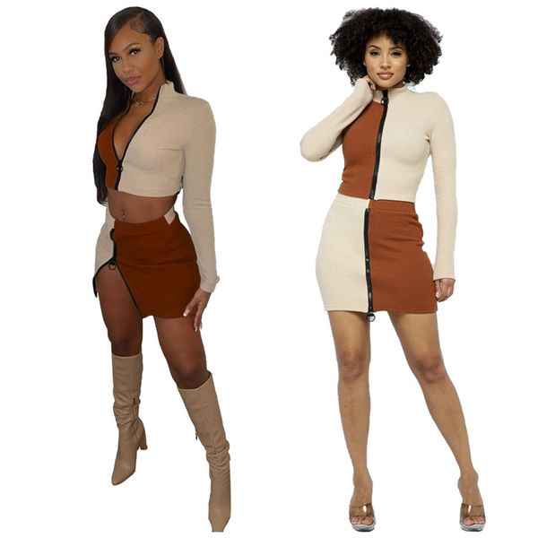 

long sleeve stripe knit splicing two piece sets for women short & mini skirt lounge wear fashion streetwear, White