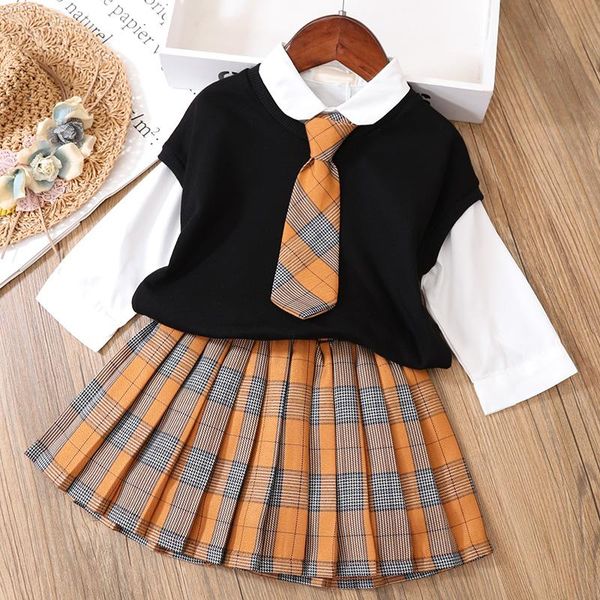 

mihkalev kids clothes set 2021 autumn children 3pieces clothing sets white shirt +vest +skirt baby girl outfits tracksuit
