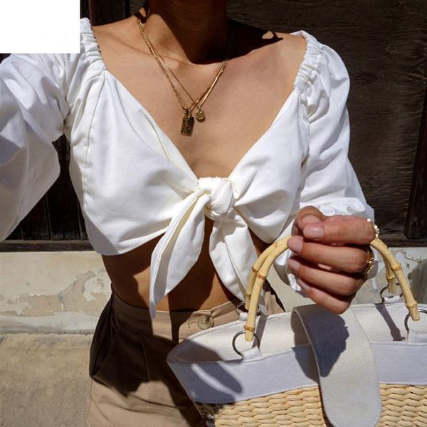 

women's blouses & shirts women harajuku short ruffles sleeve shirt crop v-neck street wear solid femme long, White