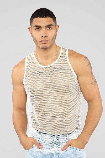 Erkek Tankı Tops Erkekler Yaz Seksi Sheer Kulübü See-throughnet Slim Fit Katı Yelek Erkek Spor Kas Tankları Tee Kostümleri