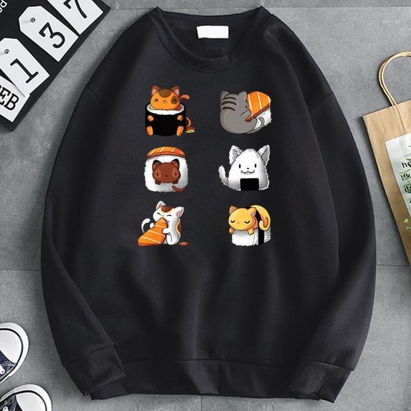 

men's hoodies & sweatshirts cartoon sushi animal print fleece soft long sleeve pullover hoodie mens loose hip hop kpop harajuku tracksu, Black