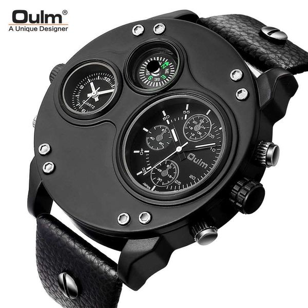 

oulm quartz watch compass men's double time zone large dial, Slivery;brown