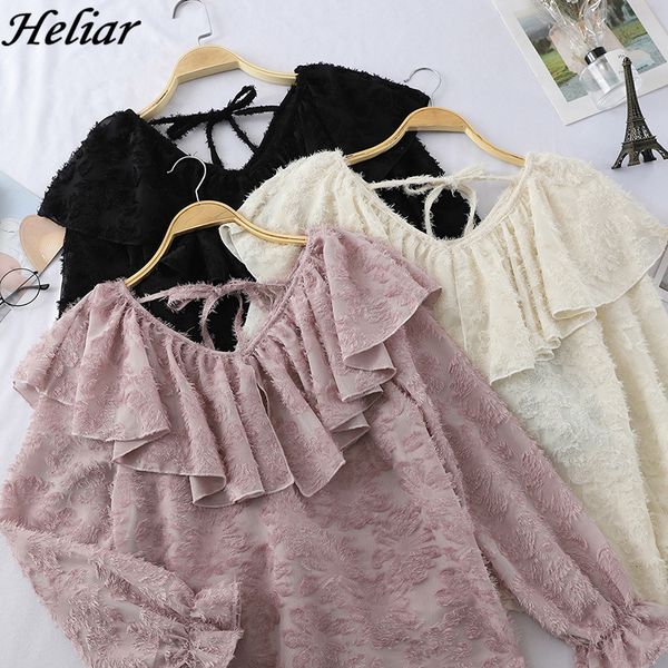 

2021 new spring/summer women ruffled neck chiffon casual loose ladies tassels long sleeve blouse oflz, White