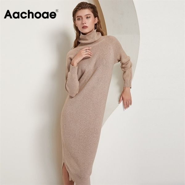 

aachoae women turtleneck knitted dress batwing long sleeve casual long dress side split solid loose sweater dresses vestidos 210303, Black;gray
