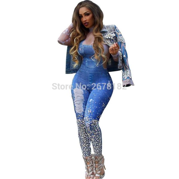

women's jumpsuits & rompers printed denim jumpsuit elegant overalls women turtleneck long sleeve skinny blue jean pants casual romper, Black;white