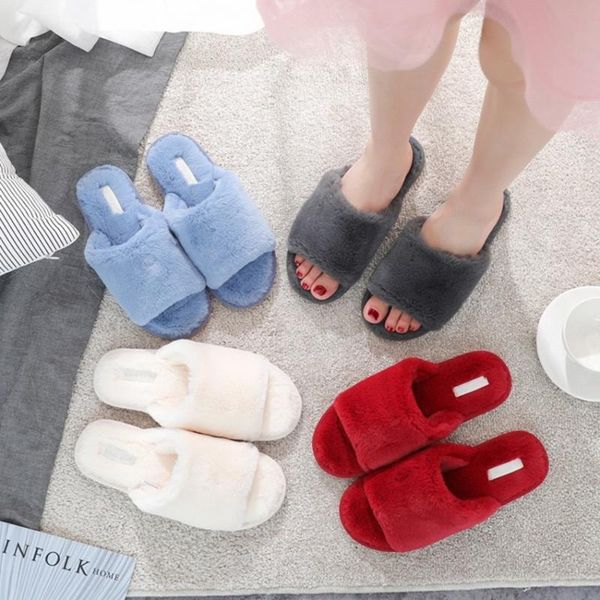 

slippers indoor womens shoes fluffy faux fur plush winter fashion house floor comfort female women warm at home, Black