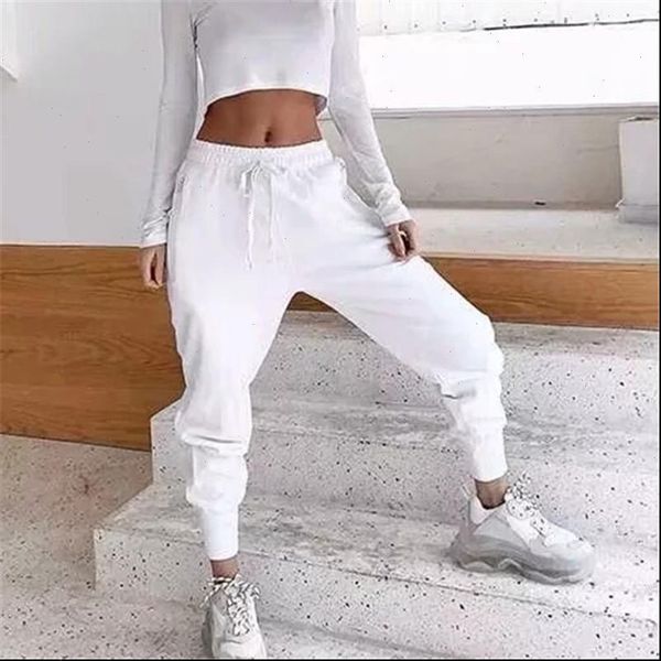 

2021 new drawstring waist cargo sports pants women elastic cuff casual sport trousers women joggers streetwear leisure pants, Black;white