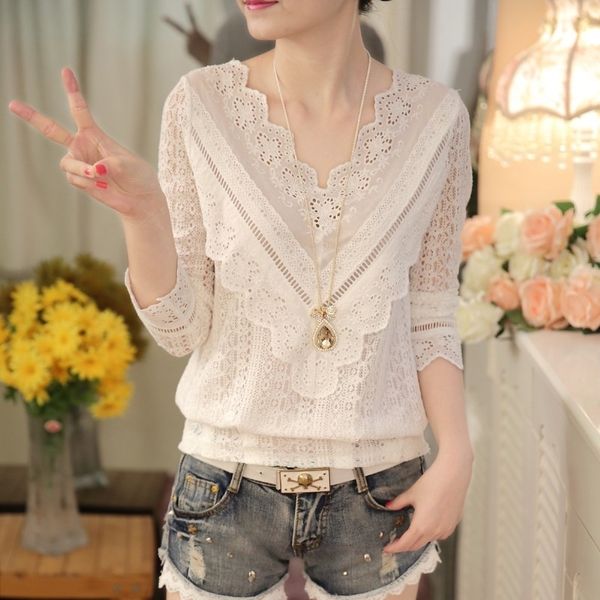 

2021 new arrival spring and autumn korean fashion women blouse v neck long sleeve slim lace female shirt 63c 30 210315, White