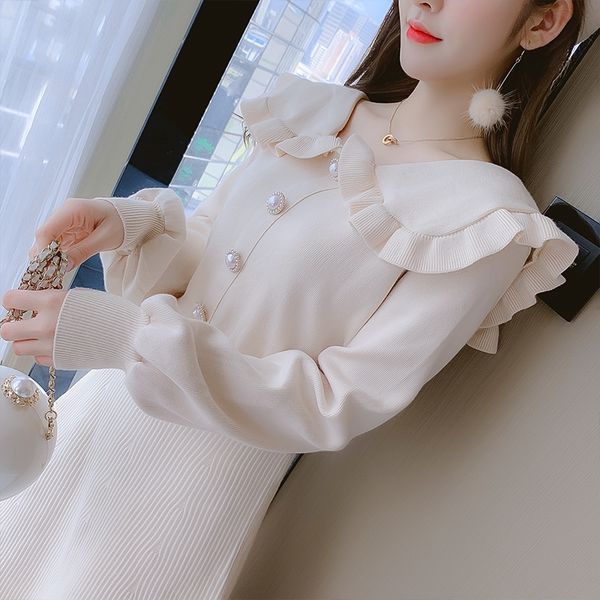 COIGARSAM Frauen einteiliges Kleid koreanischen Frühling Vintage Nette Stricken Feste Hohe Taille Volle Hülse Kleider Reis Weiß Rot Schwarz 210303