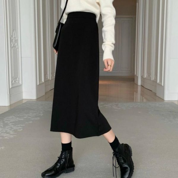 

skirts 2021 autumn and winter elegant black skirt mid-length women's high waist a- line bib slimming hip