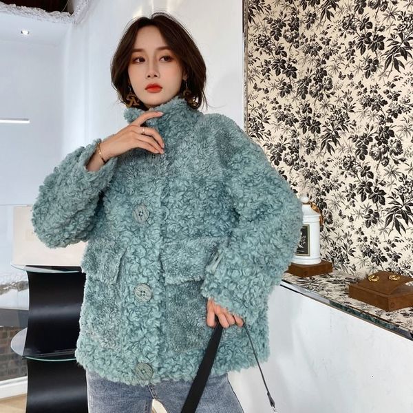 

short female thin double face women's wool solid turn-down collar sheep shearing outcoat ladies fashion fur coats y65 zq4w, Black