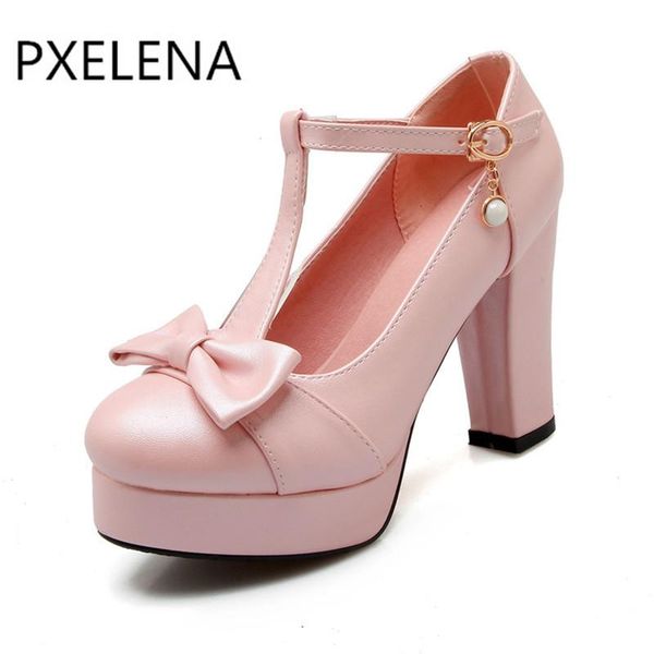 

dress shoes pxelena 2021 elegant sweet girls lolita mary janes high heels t-strap bowtie party for woman round toe pumps, Black