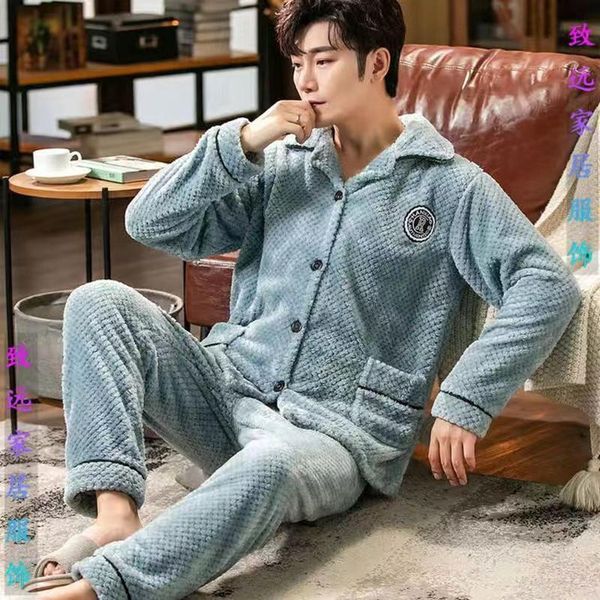 

men's sleepwear 2022 band winter warm flannel pajamas sets male men nightwear plus size embroidery sleep loose long pant pijamas, Black;brown