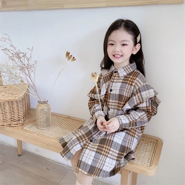 Gonna camicia per ragazze Autunno Nuovo stile Abbigliamento per bambini Toddler Kids Plaid Sanding Dress Cool Little Kids Camicette a maniche lunghe 210306