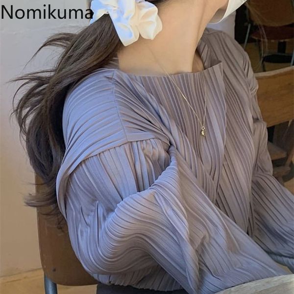 

nomikuma causal o-neck women shirt korean pleated long sleeve blusas femme autumn chic solid blouses feminimos 6c279 210308, White