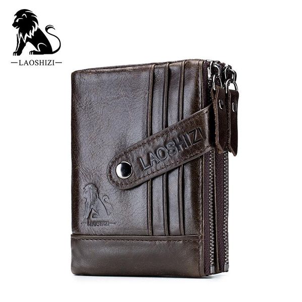 

wallets genuine leather wallet cowhide men double zipper short purse coin pockets anti rfid card holders, Red;black