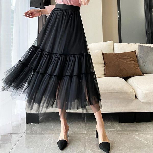 

skirts 3 layers ruffles women 2021 spring chic harajuku ball gown cake mesh black/brown long skirt faldas largas mujer