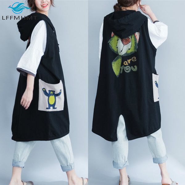 

2021 new women fashion cartoon printed sleeveless hooded long vest office lady korean style single breasted casual cotton waistcoat ko31, Black;white