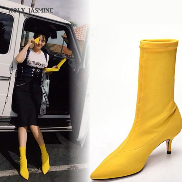 

boots 2021 spring sock for women high heel stretch fabric ankle shoes square heels plus size, Black