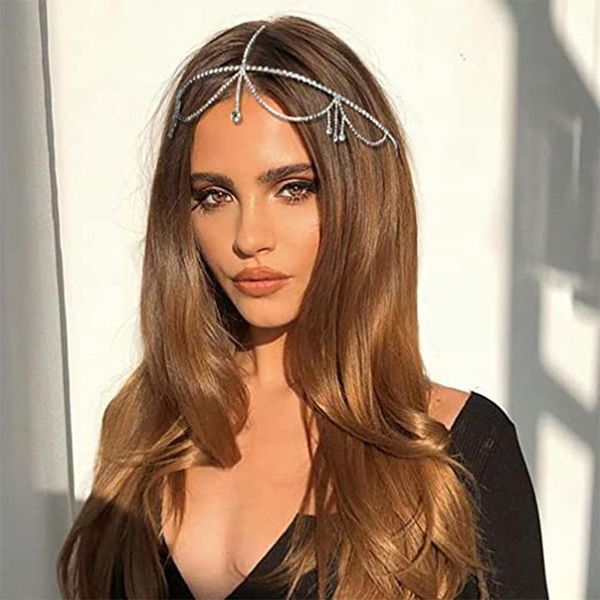 

hair clips & barrettes stonefans bling forehead chain for women jewelry headpiece rhinestone chains crystal bridal headwear luxury accessori, Golden;silver