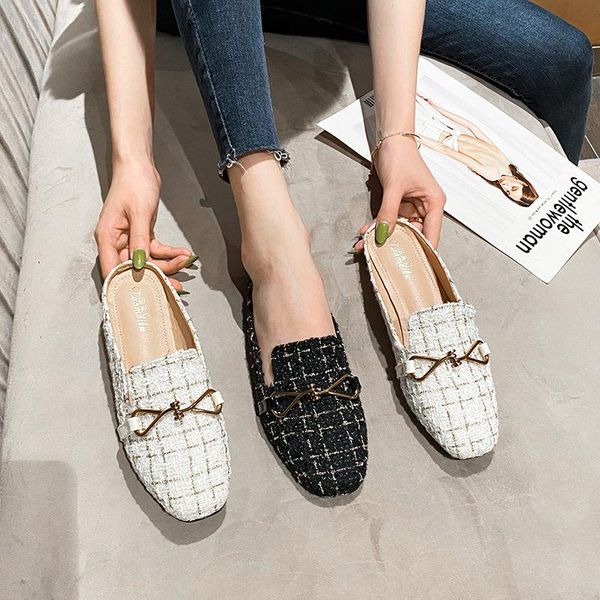 

slippers mules women shoes low heels metal decoration square toe slides plus size sandal woven fabric shallow loafers casual, Black