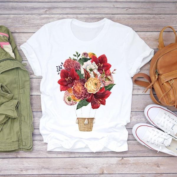 

womens t-shirts ladies balloon kawaii holiday fashion flower 90s floral women print ladies t graphic female tee t-shirt, White