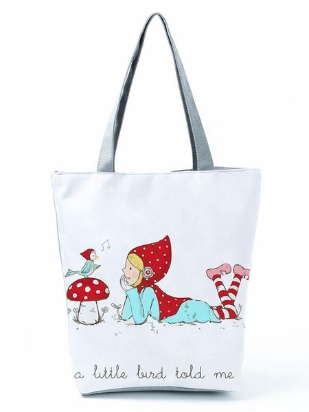 

evening bags red cap mushroom girl bird printed shoulder casual practical storage bag drop outdoor portable student handbag