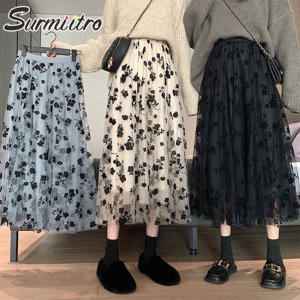 

surmiitro spring summer long tulle skirt women korean floral embroidery mesh sun school high waist midi skirt female 210712, Black
