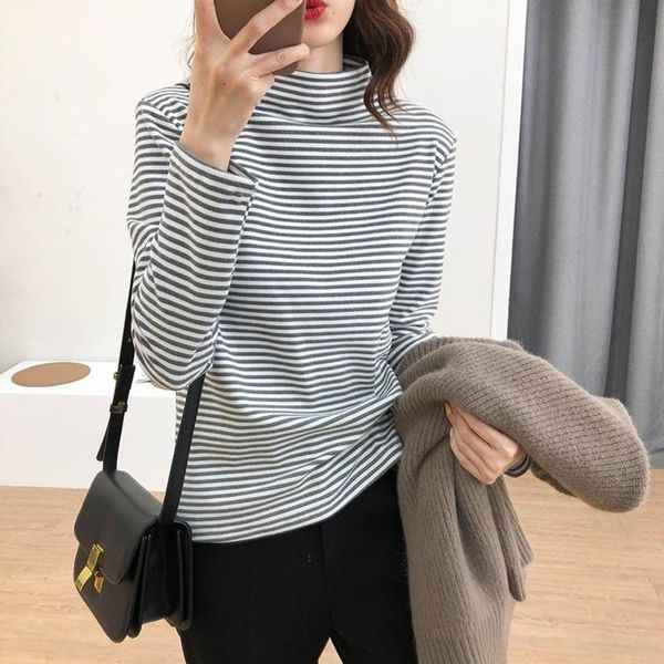

women's t-shirt half turtleneck women thicken stripe t-shirts 2021 autumn winter elastic long sleeve warm casual basic, White