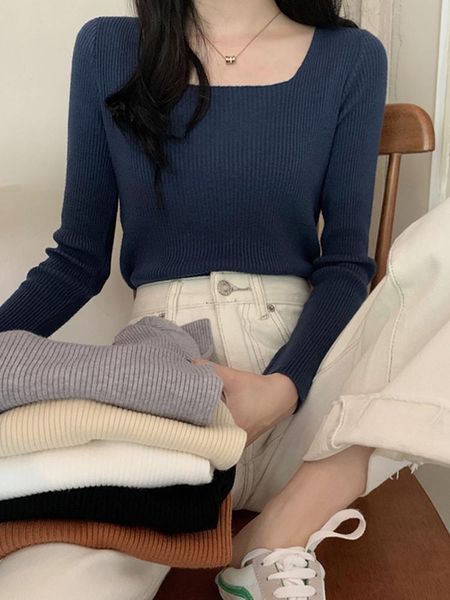 

women's sweaters blue bottomed shirt wear long sleeved sweater in spring and autumn 2021 slim fit square neck top, White;black