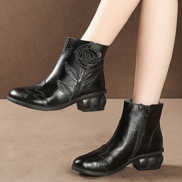 

rimocy soft pu leather ankle boots women autumn winter vintage floral med heels booties woman casual comfortable mothers shoes h3no#, Black