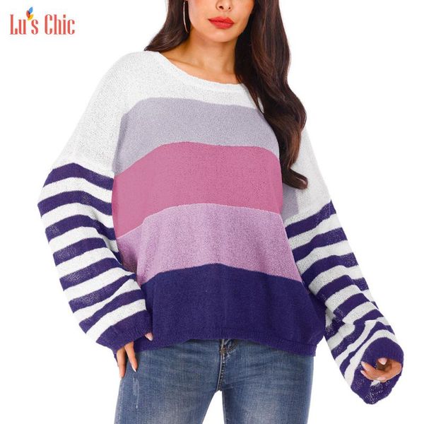 

women's sweaters lu's chic long sleeve pullover striped crewneck loose casual tummy control knitted women, White;black
