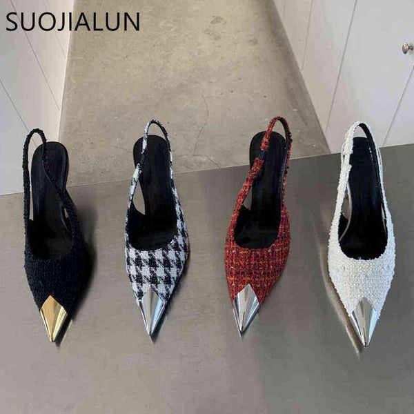 

dress shoes suojialun brand women slingback fashion metal pointed toe slip on ladies elegant sandal thin high heel 220303, Black