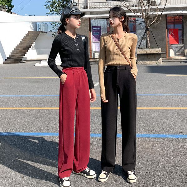 

2021 autumn and winter high-waisted trousers wide with a loose leg drape wildly felt impression of wool pants elastic waistband f0iv, Black;white