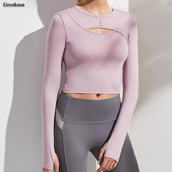 

yoga outfits hollow out women long sleeve crop t shirt quick dry fitness gym sports running clothes woman tshirts haut femme, White;red