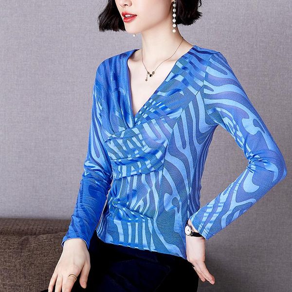 

women's t-shirt spring long sleeve v-neck oversized stripes print hollow mesh female stretch knitting t shirt women camiseta mujer, White