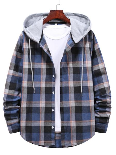 

men's casual shirts autumn coat male blue plaid hooded cardigan shirt, White;black
