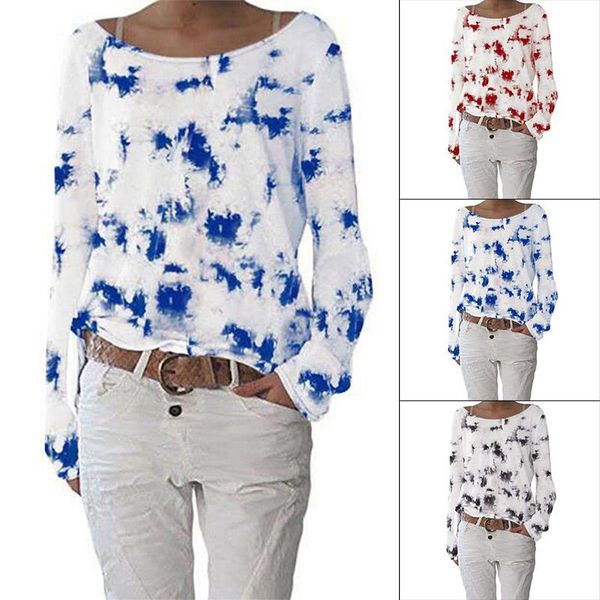 

women's t-shirt o neck long sleeve tie dye print t-shirts for women slim fashion 2021 autumn winter loose casual tees, White