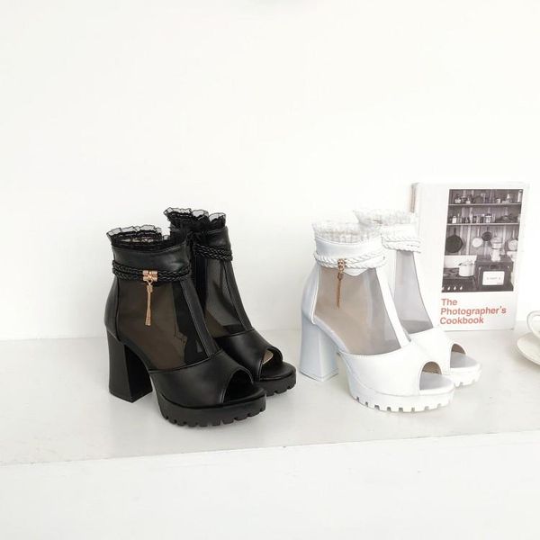 

big size 9  11 12 ladies summer platform sandals women shoes woman lace mesh fish mouth waterproof table, Black