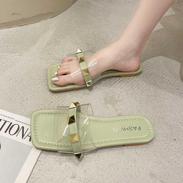 

slippers big size 43 women 2021 summer fashion rivet transparent flat shoes woman square toe comfort slides casual, Black