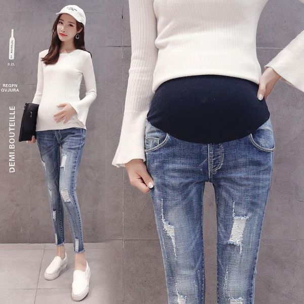 

maternity bottoms 9/10 length ripped hole stretch denim jeans summer fashion belly pencil trousers for pregnant women pregnancy, White