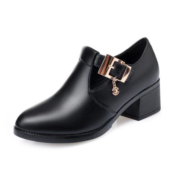 

dress shoes autumn black soft genuine leather women elegant fashion comfort thick with high heels plus size pumps 5 cm
