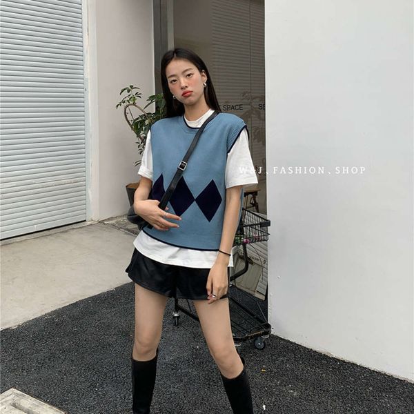 

wj vest sweater sleeveless loose thin casual autumn style, White