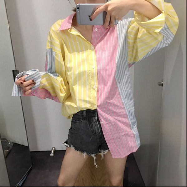 

ewq]2021 spring new korea long sleeve plus size women blouses striped stitching strapless trendy ladies shirt caual blusas, White