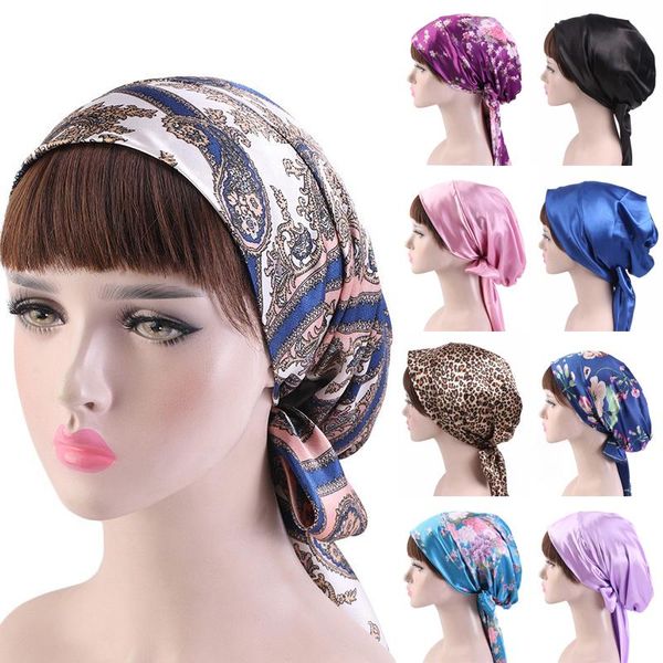 

ethnic clothing floral solid color satin headwraps multi-purpose bow tie jersey muslim one piece inner hijab head cap turban bandage hair sc, Red