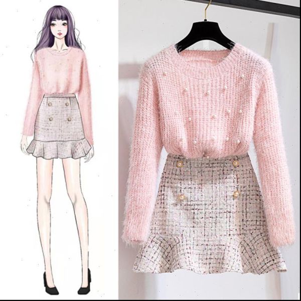 

new autumn winter two piece set tracksuit women elegant beading knitted sweater high waist tweed mermaid skirt ladies outfits, Gray