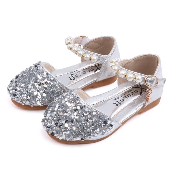 

flat shoes 2021 blingbling rhinestone kids crystal sandal girls princess for wedding party little dance performance, Black;grey