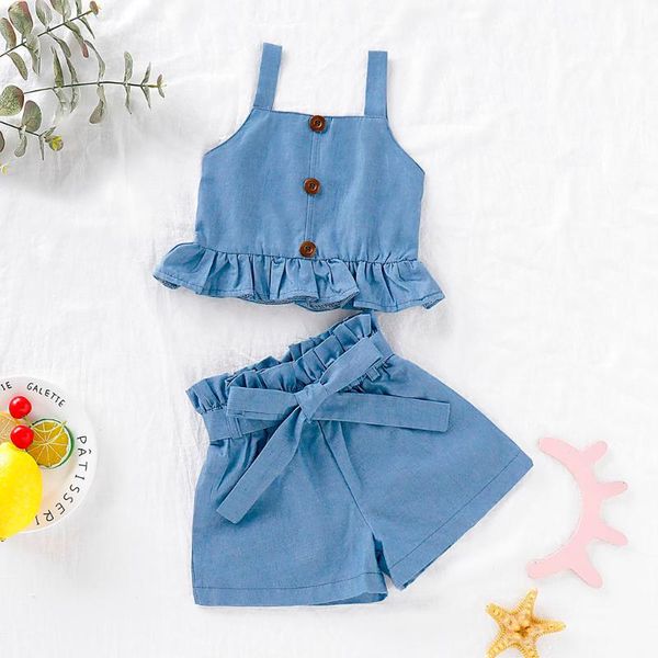 

clothing sets baby kid girl summer ruffle vest solid bow shorts outfits set clothes fashion children's, White