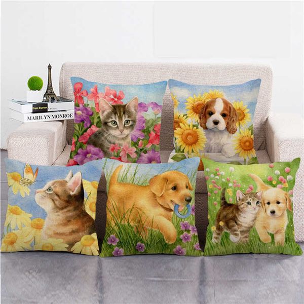 

45cm*45cm cute cat dog lovely pet watercolor flowers linen/cotton throw pillow covers couch cushion cover home decor pillowcase