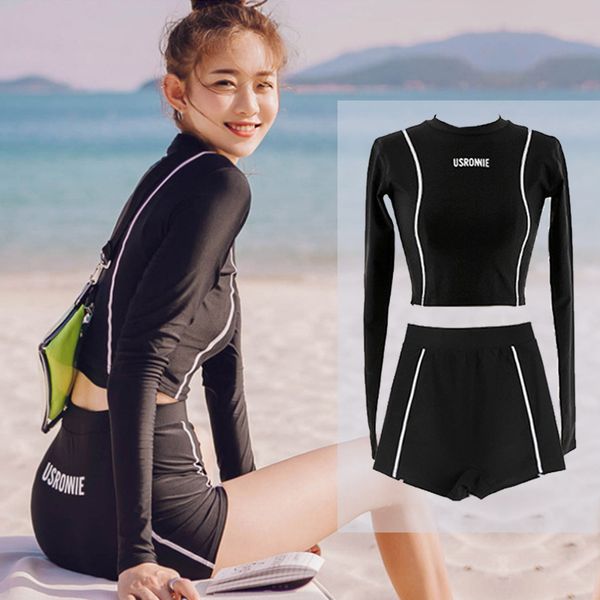 

split women' boxer pants long sleeved sunscreen conservative high waist slim spring beach swimsuit, Red;black